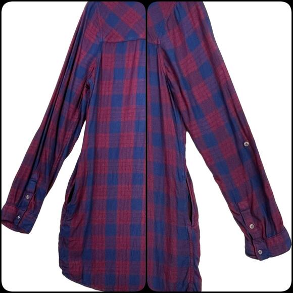 SO Long Sleeve Roll Tab Shirt Dress Pockets Size XL Red Blue Plaid - Picture 7 of 12